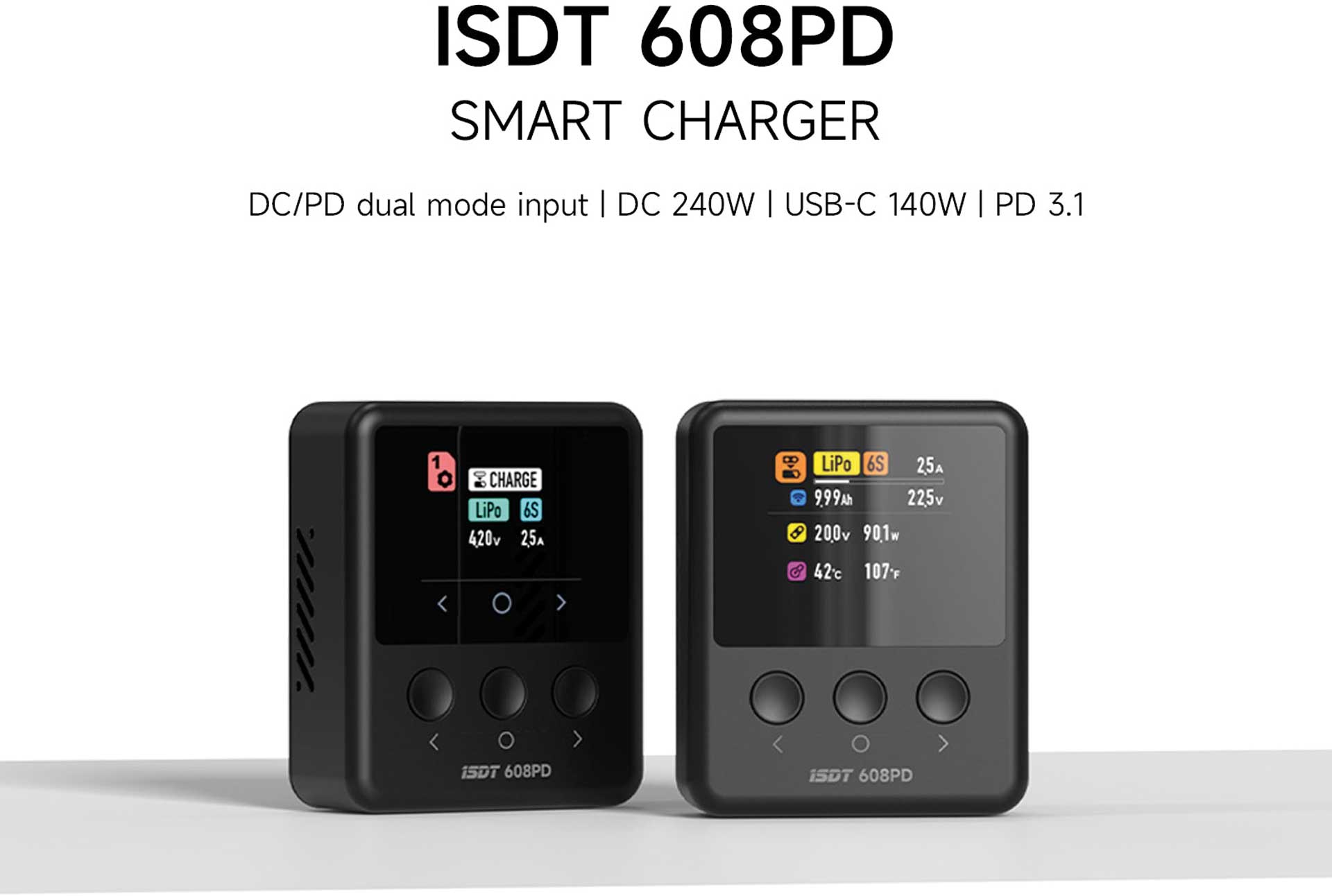 ISDT 608PD Smart Charger DC 240W/10A USB C 140W/5A 1-6S Lipo